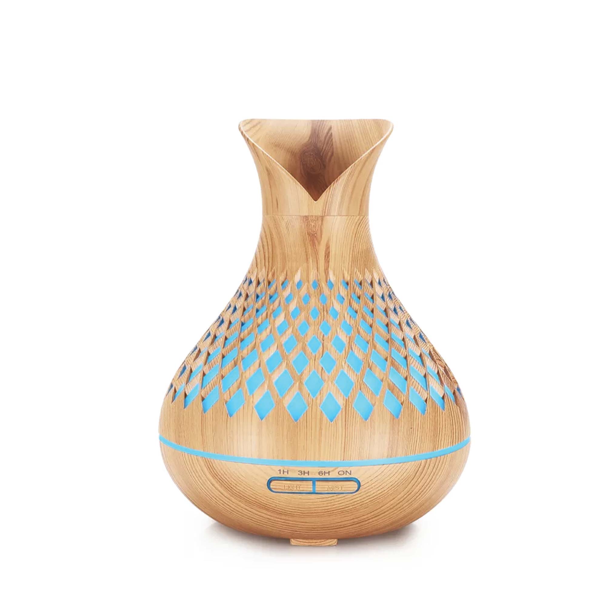 500ml Essential Oil Aroma Diffuser with tulip wood design and remote control, featuring LED lights and mist settings.
