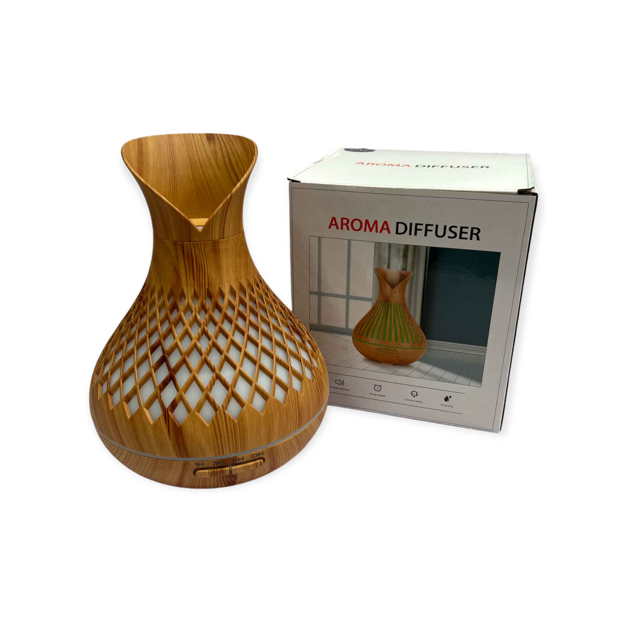 500ml Essential Oil Aroma Diffuser with tulip wood design and remote control, featuring LED lights and mist settings.