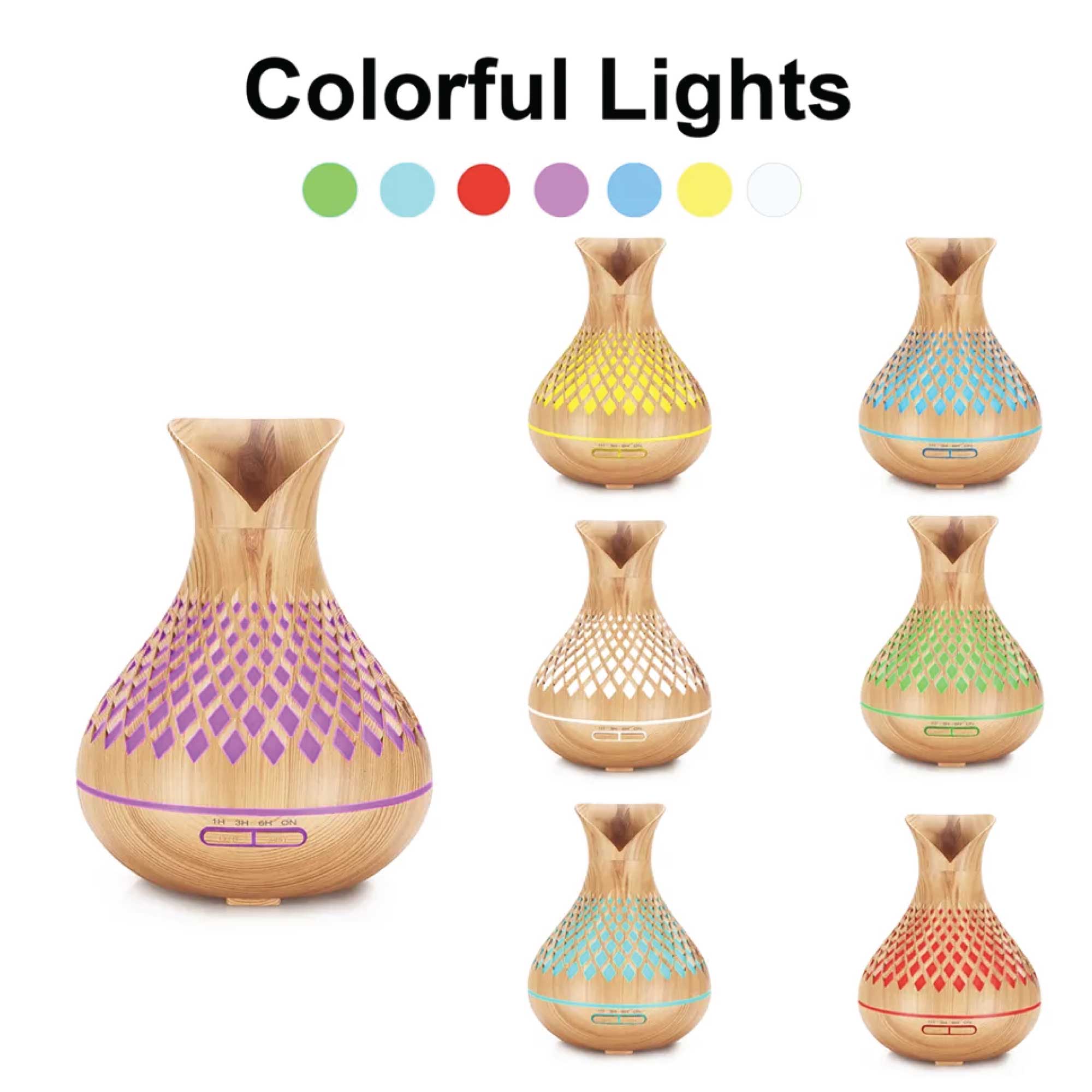 500ml Essential Oil Aroma Diffuser with tulip wood design and remote control, featuring LED lights and mist settings.