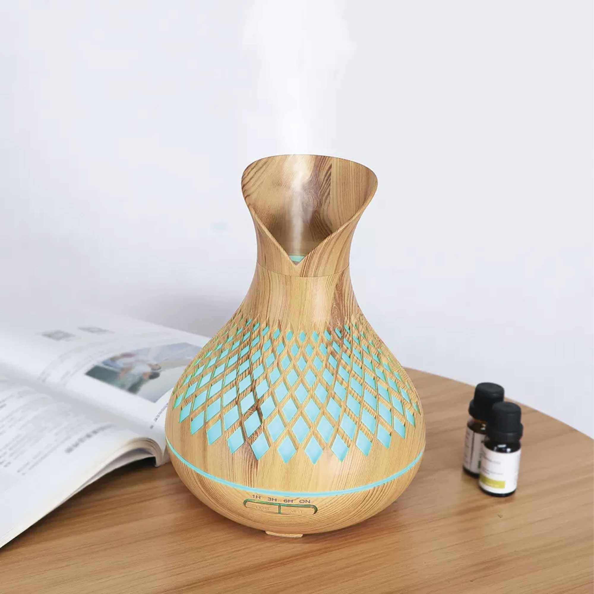 500ml Essential Oil Aroma Diffuser with tulip wood design and remote control, featuring LED lights and mist settings.