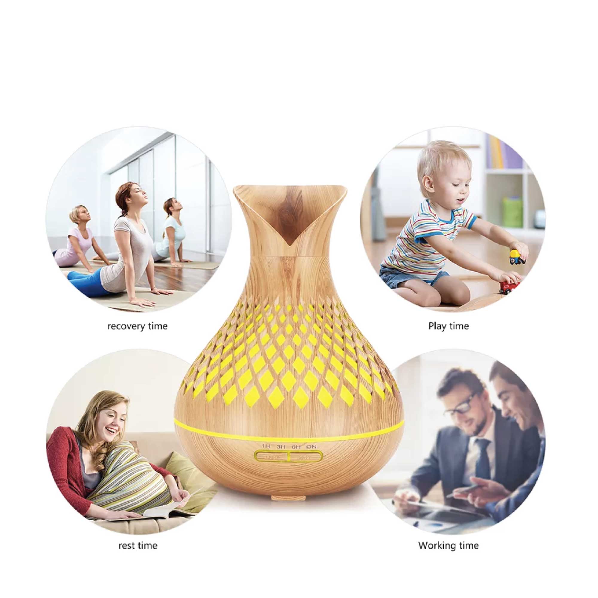 500ml Essential Oil Aroma Diffuser with tulip wood design and remote control, featuring LED lights and mist settings.
