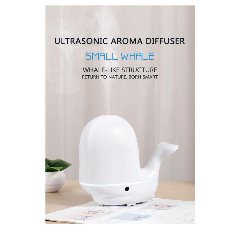 A colorful whale-shaped ultrasonic aroma diffuser with LED lights, designed for children's rooms, showcasing its mist output.
