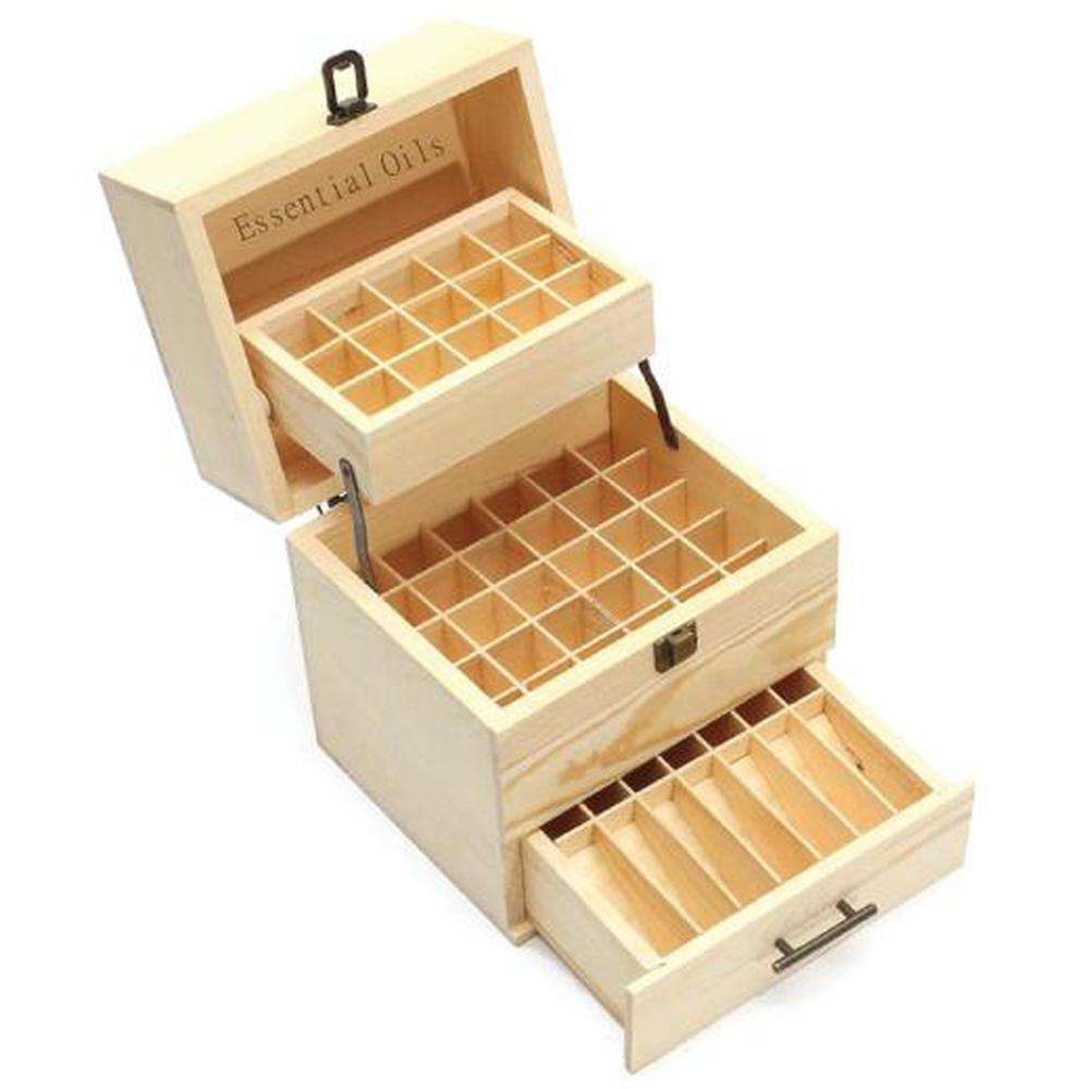 Essential Oils Wood Storage Box made of strong pine wood, featuring multiple slots for organizing 5ml, 10ml, and 15ml essential oil bottles.