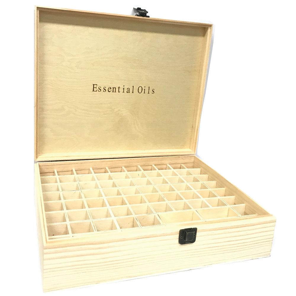 Essential Oils Wood Storage Box made of strong pine wood, featuring multiple slots for organizing 5ml, 10ml, and 15ml essential oil bottles.