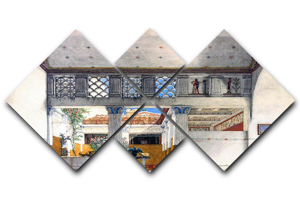 A multi-panel artwork depicting the Caius Martius house by Alma Tadema, divided into four equal squares, showcasing intricate details and vibrant colors.