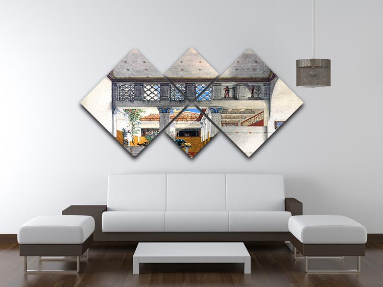 A multi-panel artwork depicting the Caius Martius house by Alma Tadema, divided into four equal squares, showcasing intricate details and vibrant colors.