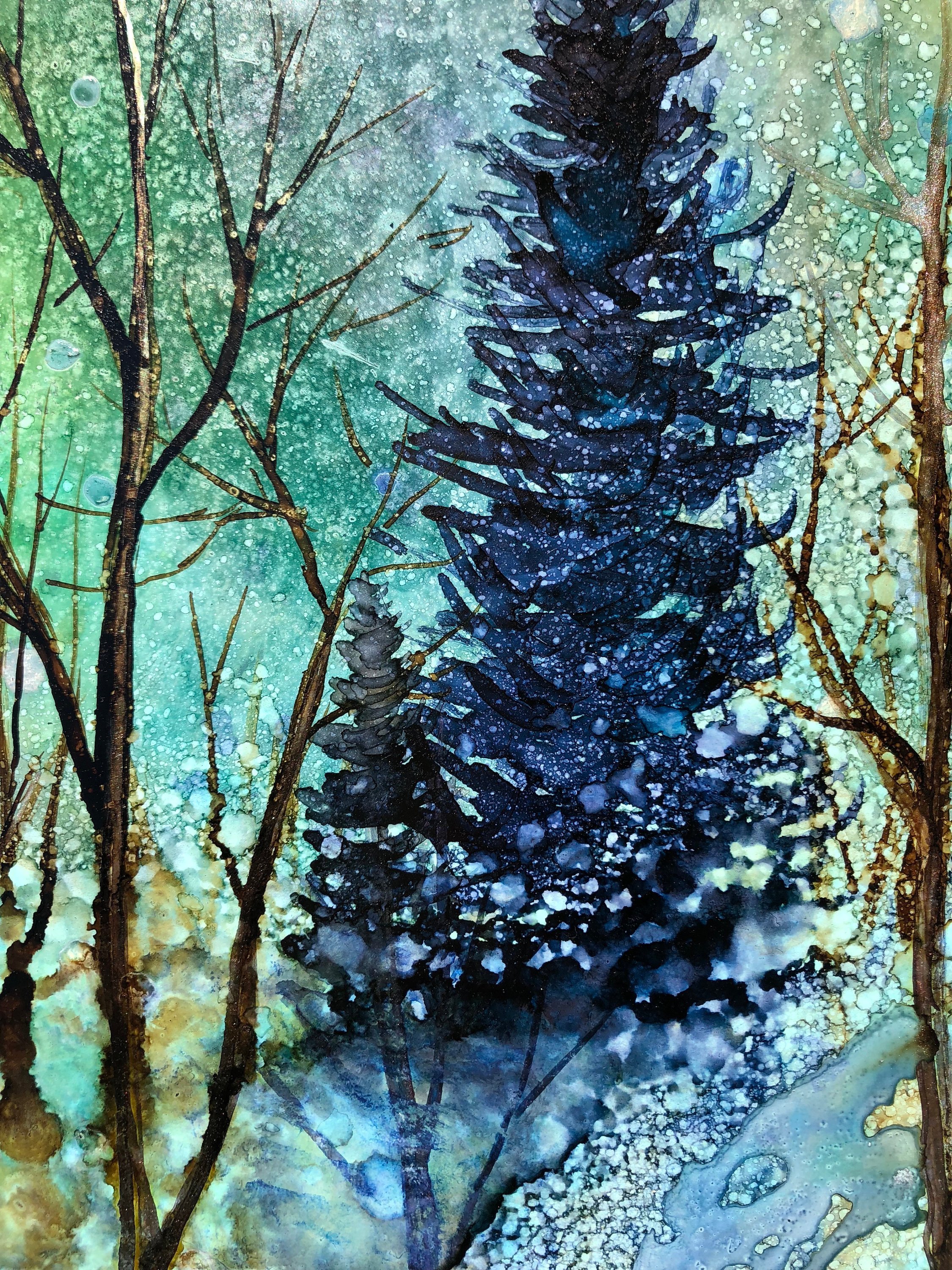 A beautiful ethereal night landscape print showcasing a starry sky with soft clouds and a serene atmosphere.