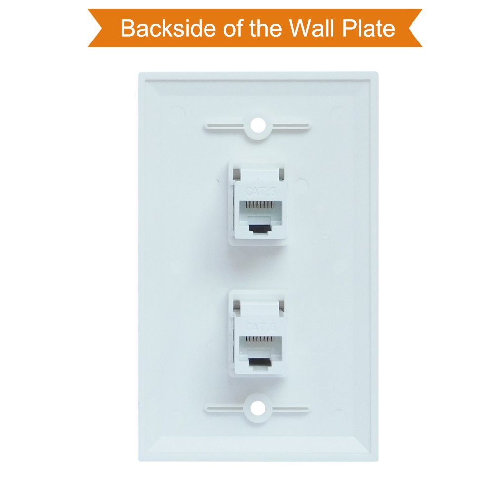 Ethernet Wall Plate 2 Port Cat6 adapter with removable keystones and screws for easy installation.