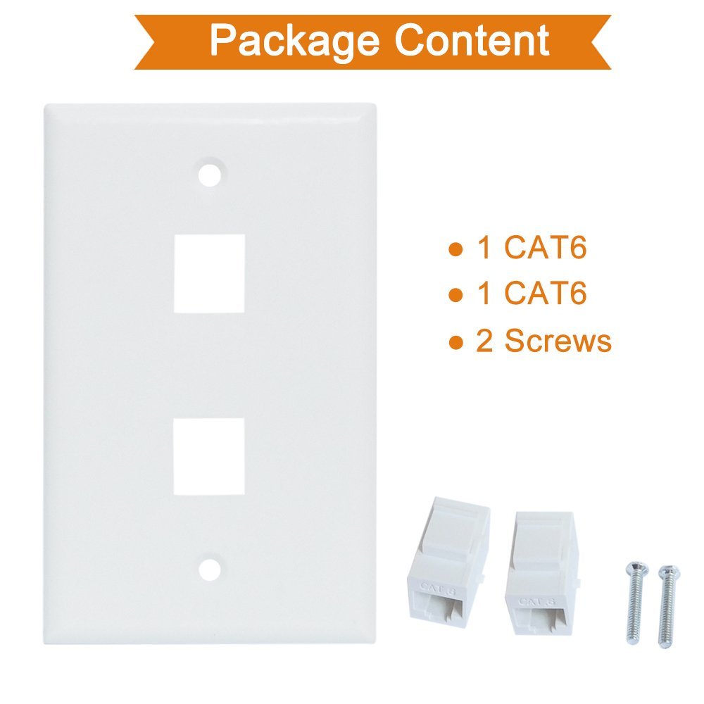 Ethernet Wall Plate 2 Port Cat6 adapter with removable keystones and screws for easy installation.
