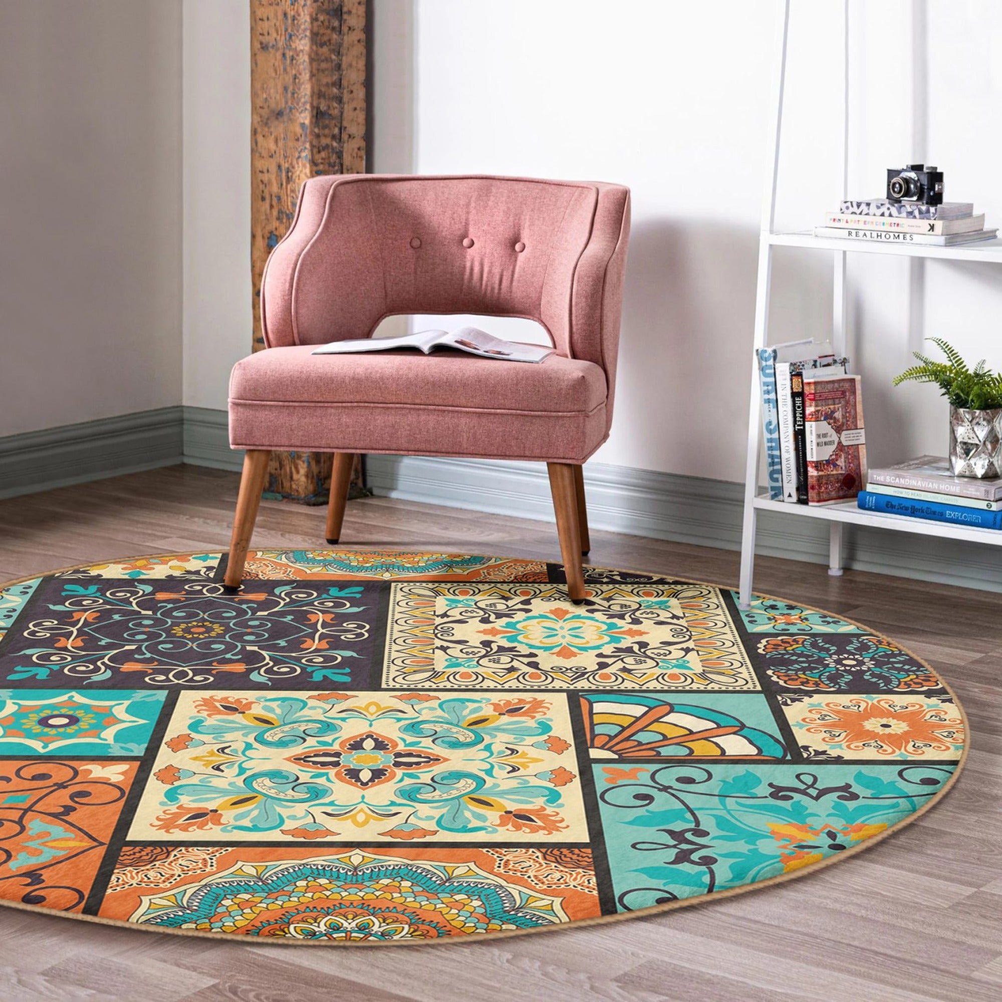 Ethnic Round Rug featuring vibrant Indian design, made of soft velvet fabric, perfect for home decor.