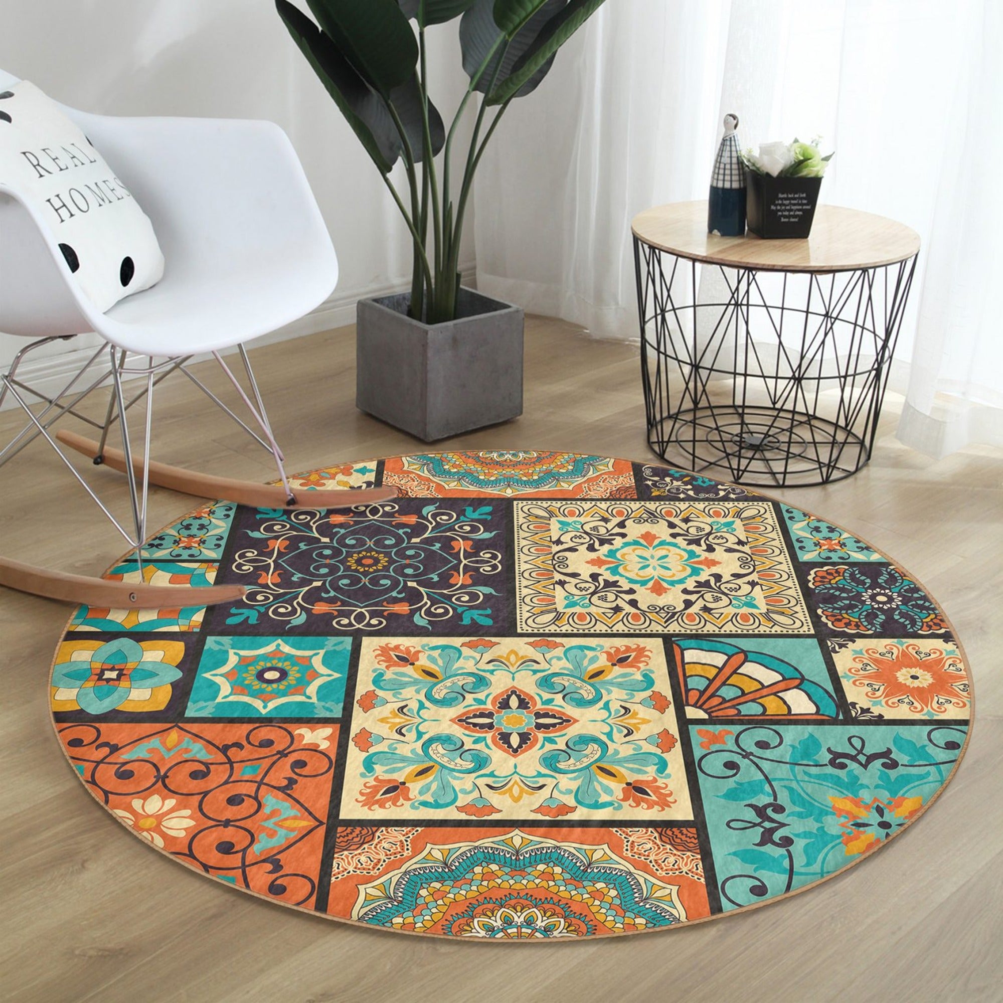 Ethnic Round Rug featuring vibrant Indian design, made of soft velvet fabric, perfect for home decor.