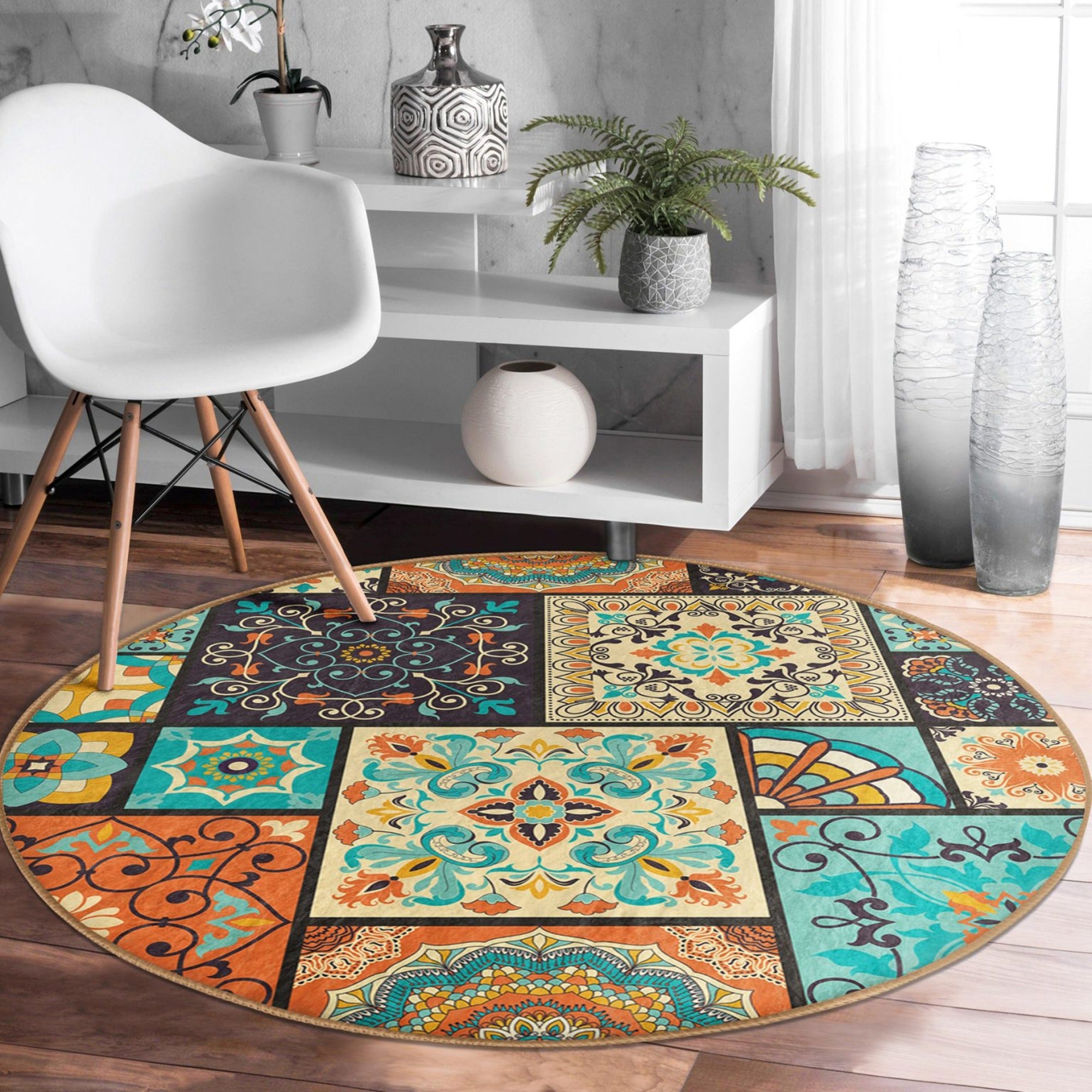 Ethnic Round Rug featuring vibrant Indian design, made of soft velvet fabric, perfect for home decor.