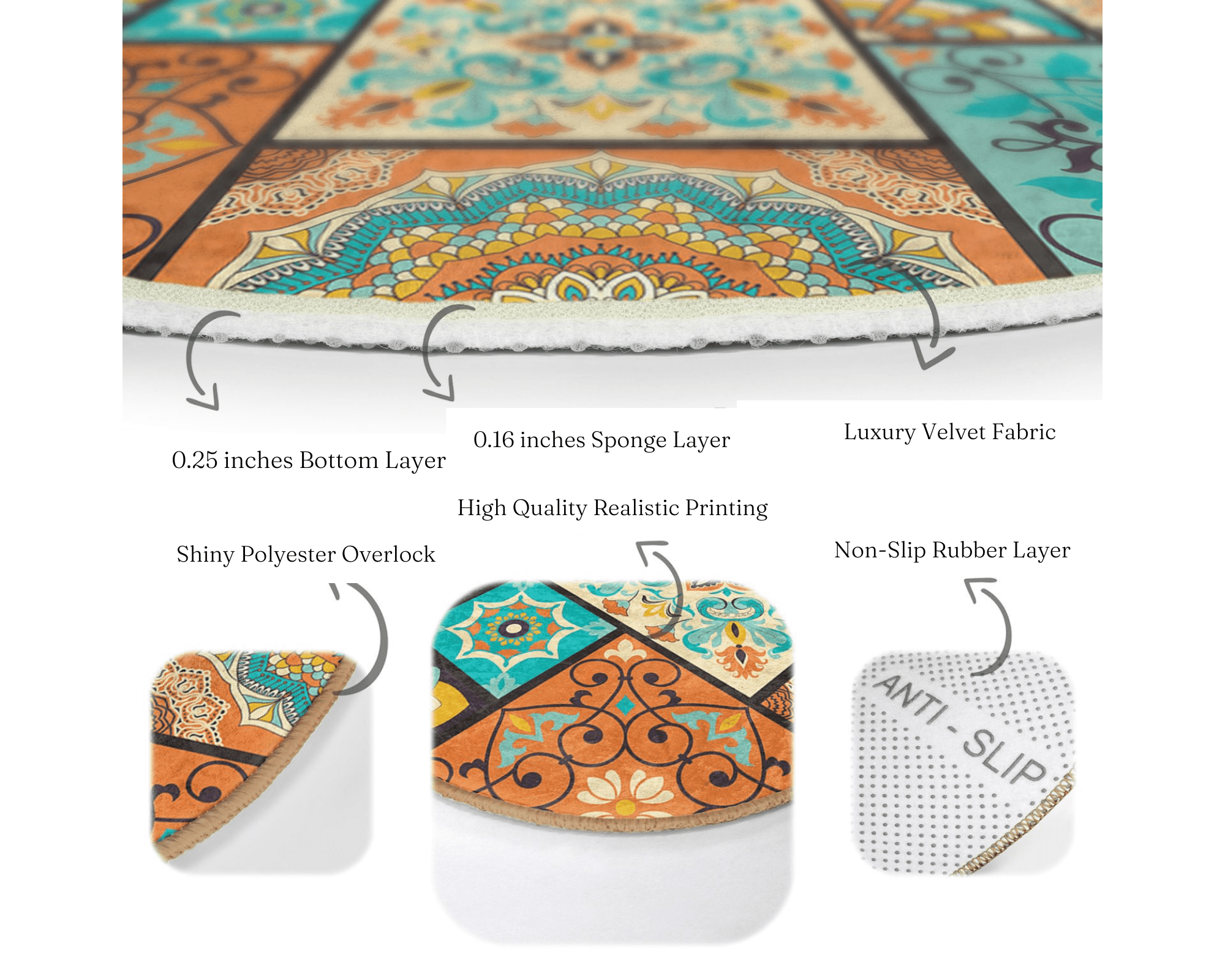 Ethnic Round Rug featuring vibrant Indian design, made of soft velvet fabric, perfect for home decor.