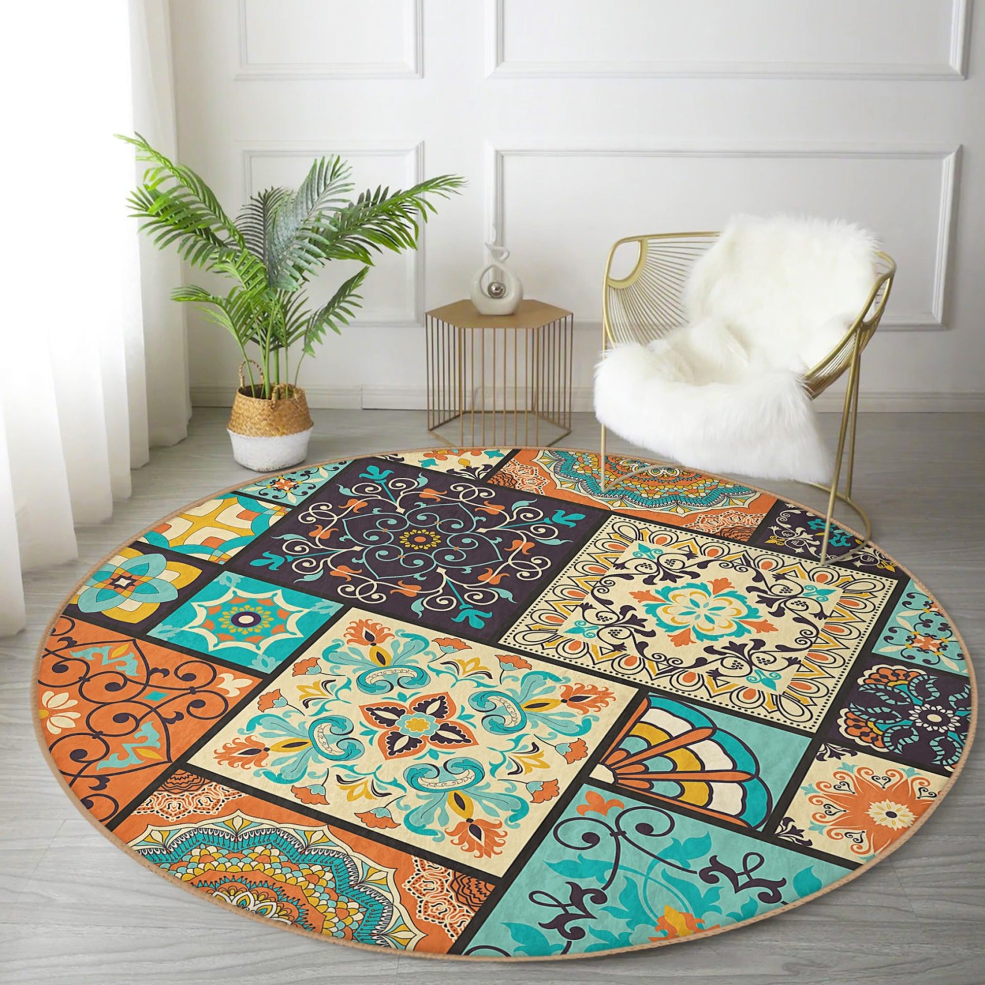 Ethnic Round Rug featuring vibrant Indian design, made of soft velvet fabric, perfect for home decor.