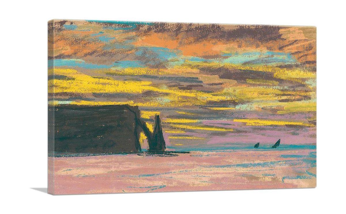 Canvas art depicting the stunning sunset over Etretat Aiguille and Porte Daval, showcasing vibrant colors and intricate details.