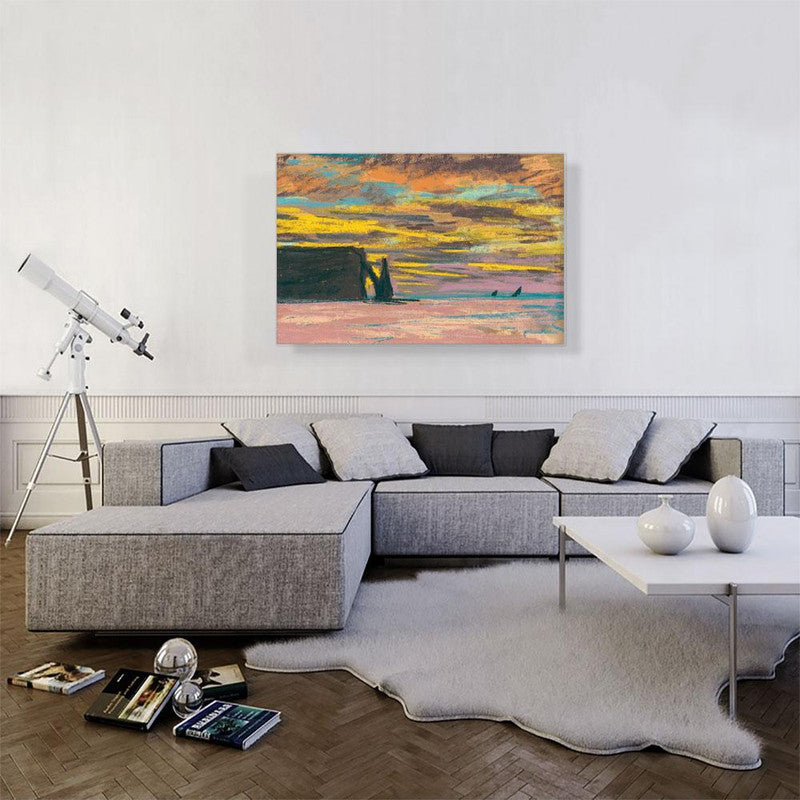 Canvas art depicting the stunning sunset over Etretat Aiguille and Porte Daval, showcasing vibrant colors and intricate details.