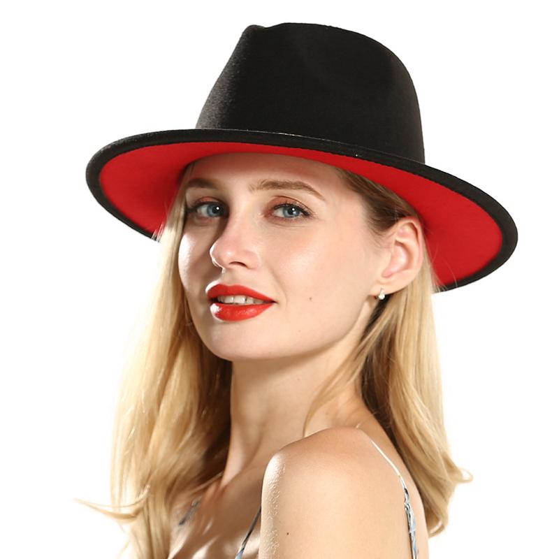 European US Jazz Fedoras in black and red patchwork, featuring a stylish ribbon, suitable for men and women.