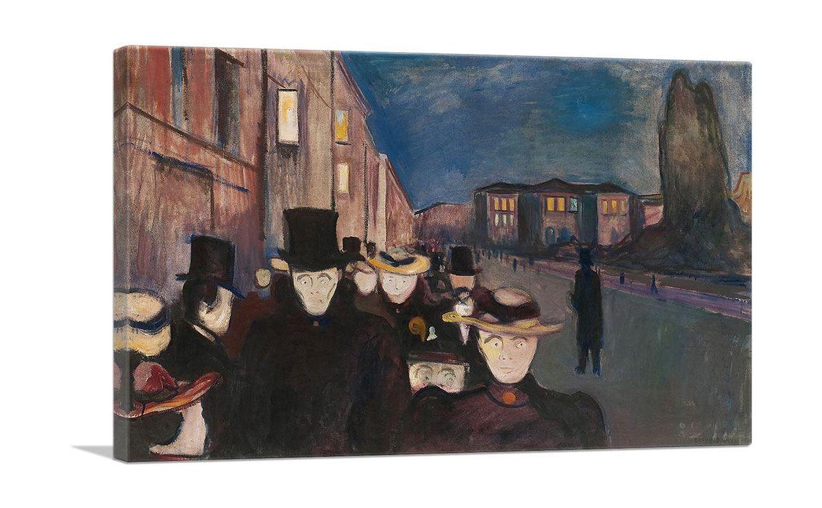 Canvas print of Evening on Karl Johan Street 1892, showcasing vibrant colors and intricate details of a lively street scene.