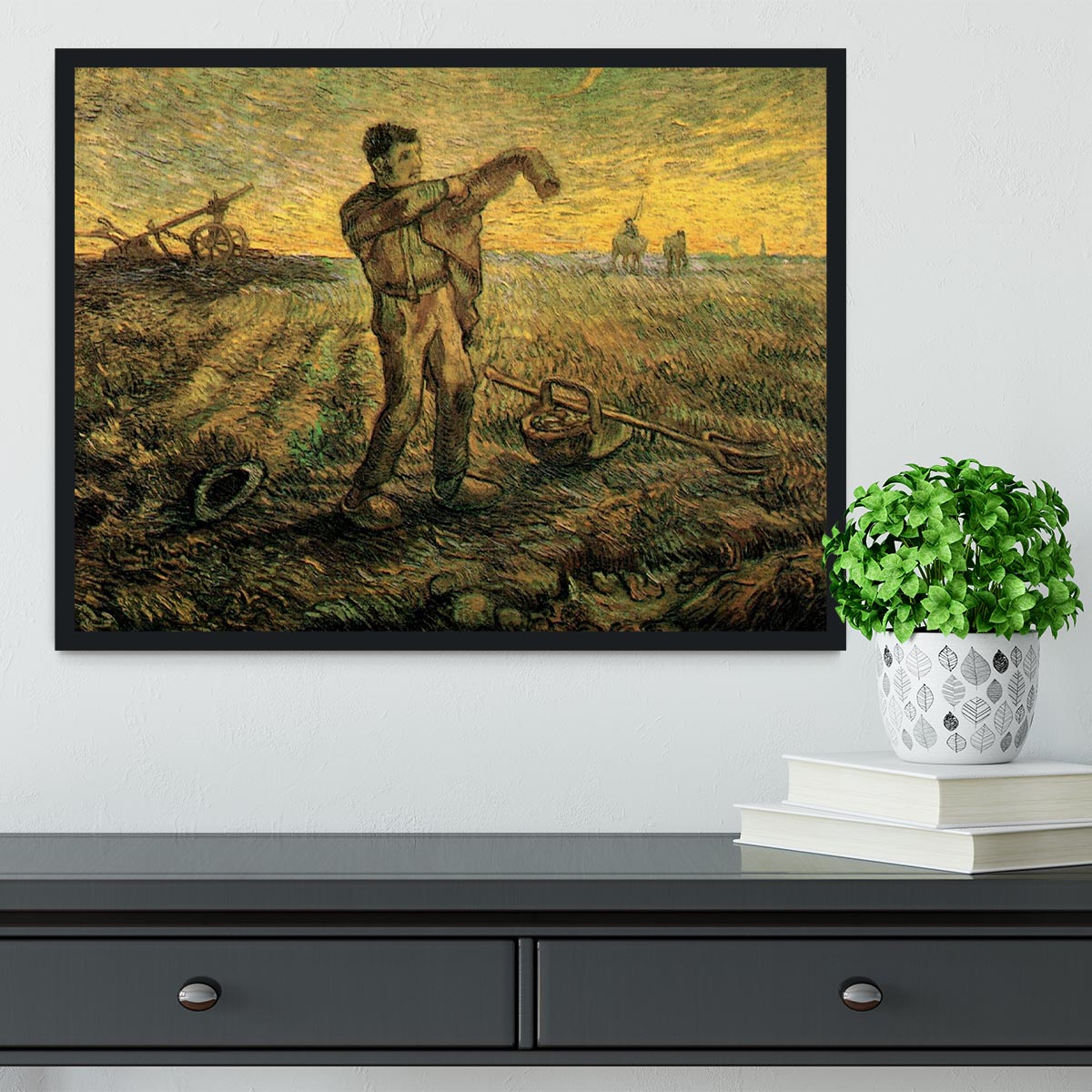 Framed print of Van Gogh's Evening The End of the Day after Millet, showcasing vibrant colors and quality craftsmanship.