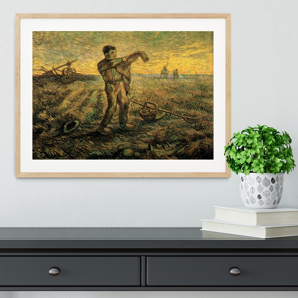 Framed print of Van Gogh's Evening The End of the Day after Millet, showcasing vibrant colors and quality craftsmanship.