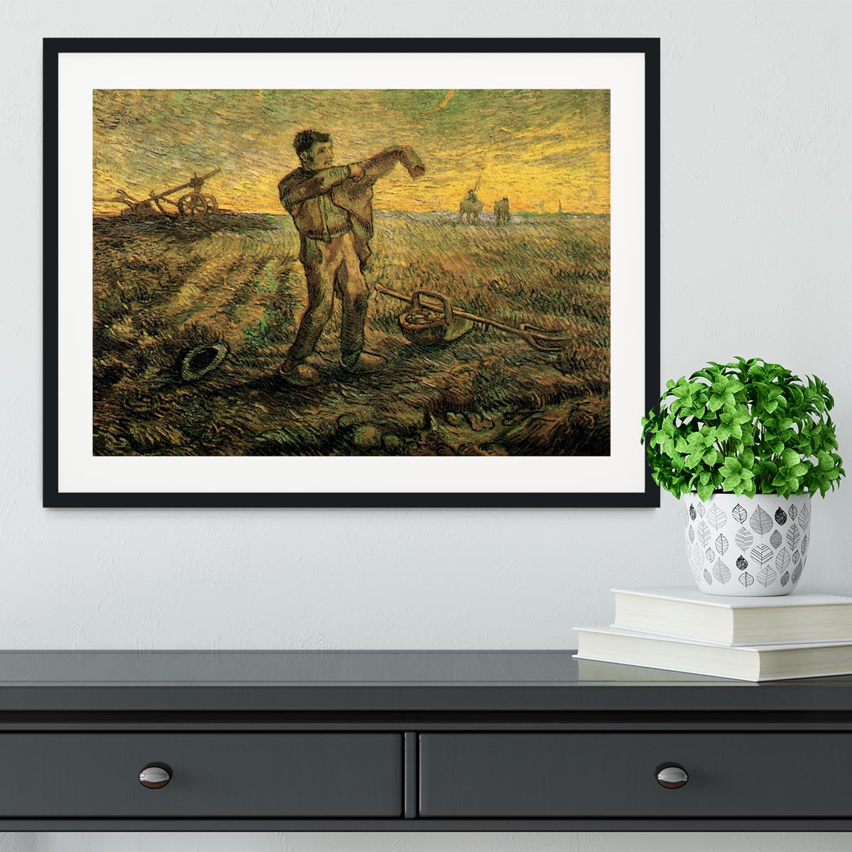 Framed print of Van Gogh's Evening The End of the Day after Millet, showcasing vibrant colors and quality craftsmanship.