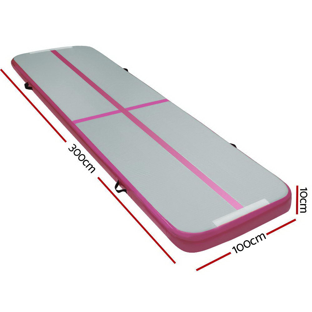 Everfit 3m x 1m inflatable air track mat in pink and grey, designed for gymnastics and sports training.