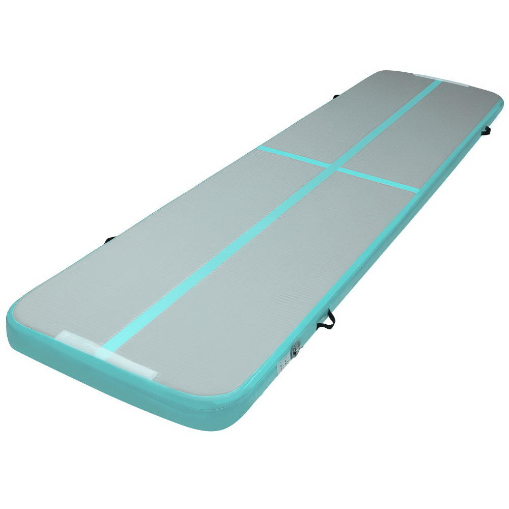 Everfit GoFun 4X1M Inflatable Air Track Mat in mint and grey, designed for gymnastics and cheerleading, showcasing its durable and anti-slip surface.