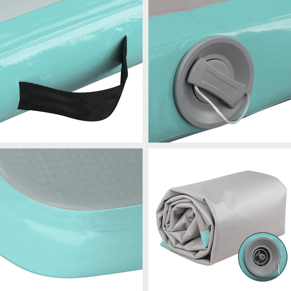 Everfit GoFun 4X1M Inflatable Air Track Mat in mint and grey, designed for gymnastics and cheerleading, showcasing its durable and anti-slip surface.