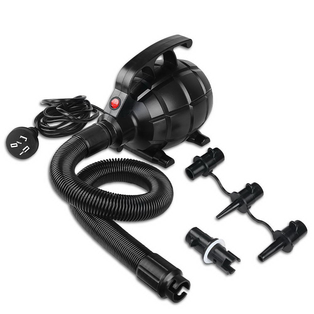 Everfit GoFun 500W Electric Air Pump with three nozzles and hose, designed for quick inflation of air beds and inflatable equipment.