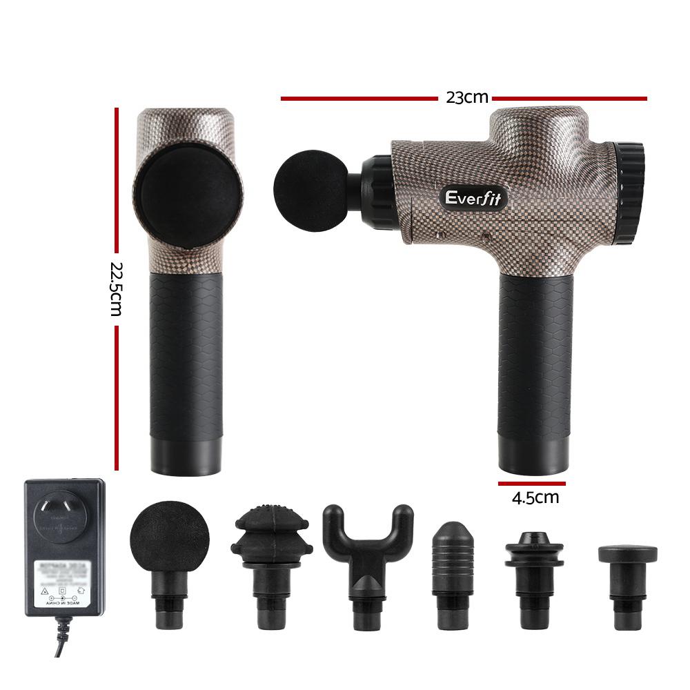 Everfit Massage Gun with 6 interchangeable heads and LCD display, designed for muscle relief and recovery.