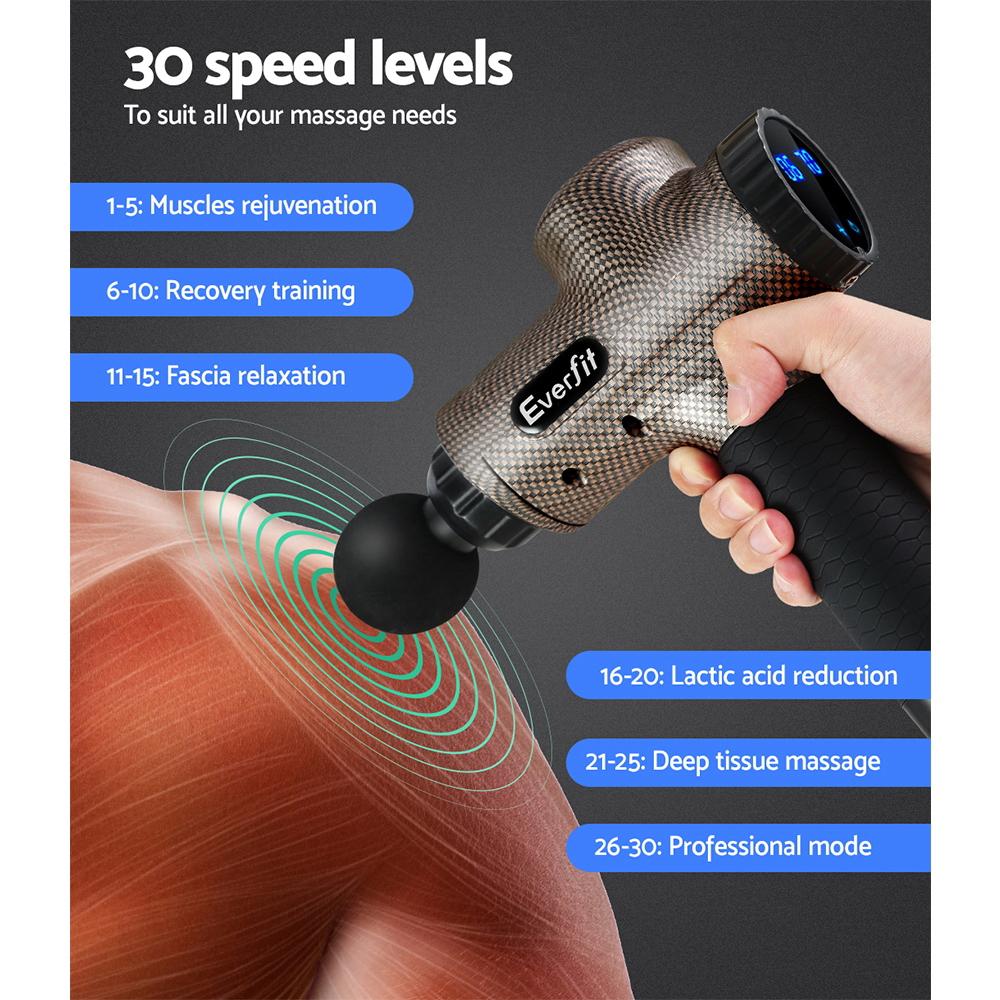 Everfit Massage Gun with 6 interchangeable heads and LCD display, designed for muscle relief and recovery.