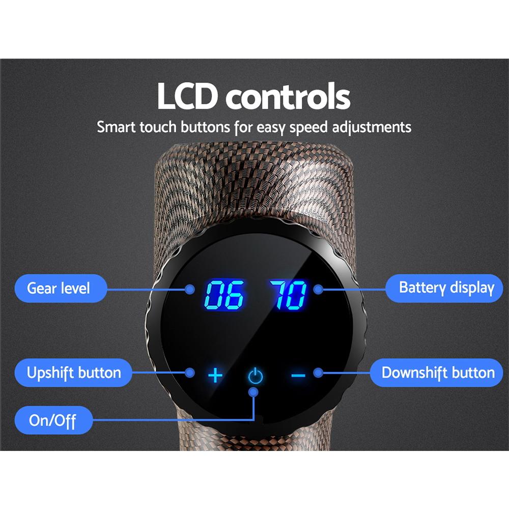 Everfit Massage Gun with 6 interchangeable heads and LCD display, designed for muscle relief and recovery.