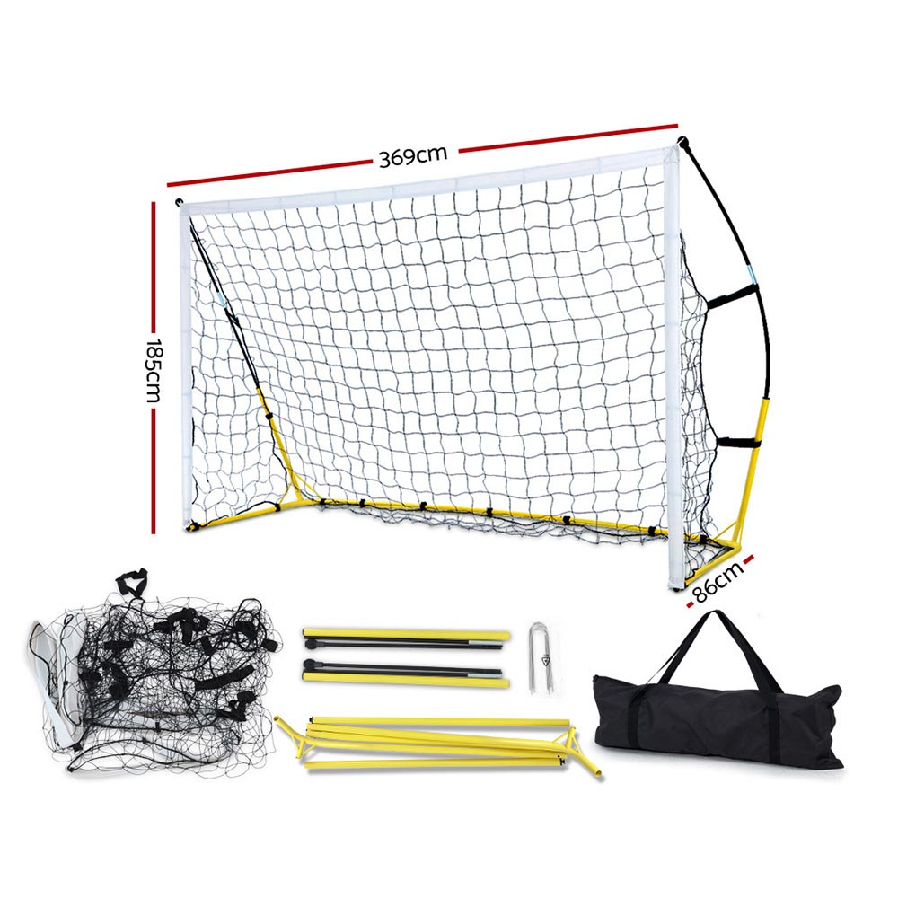 Everfit Portable Soccer Goal set up in an outdoor field, featuring a sturdy steel frame and high-density net, ideal for kids' training.