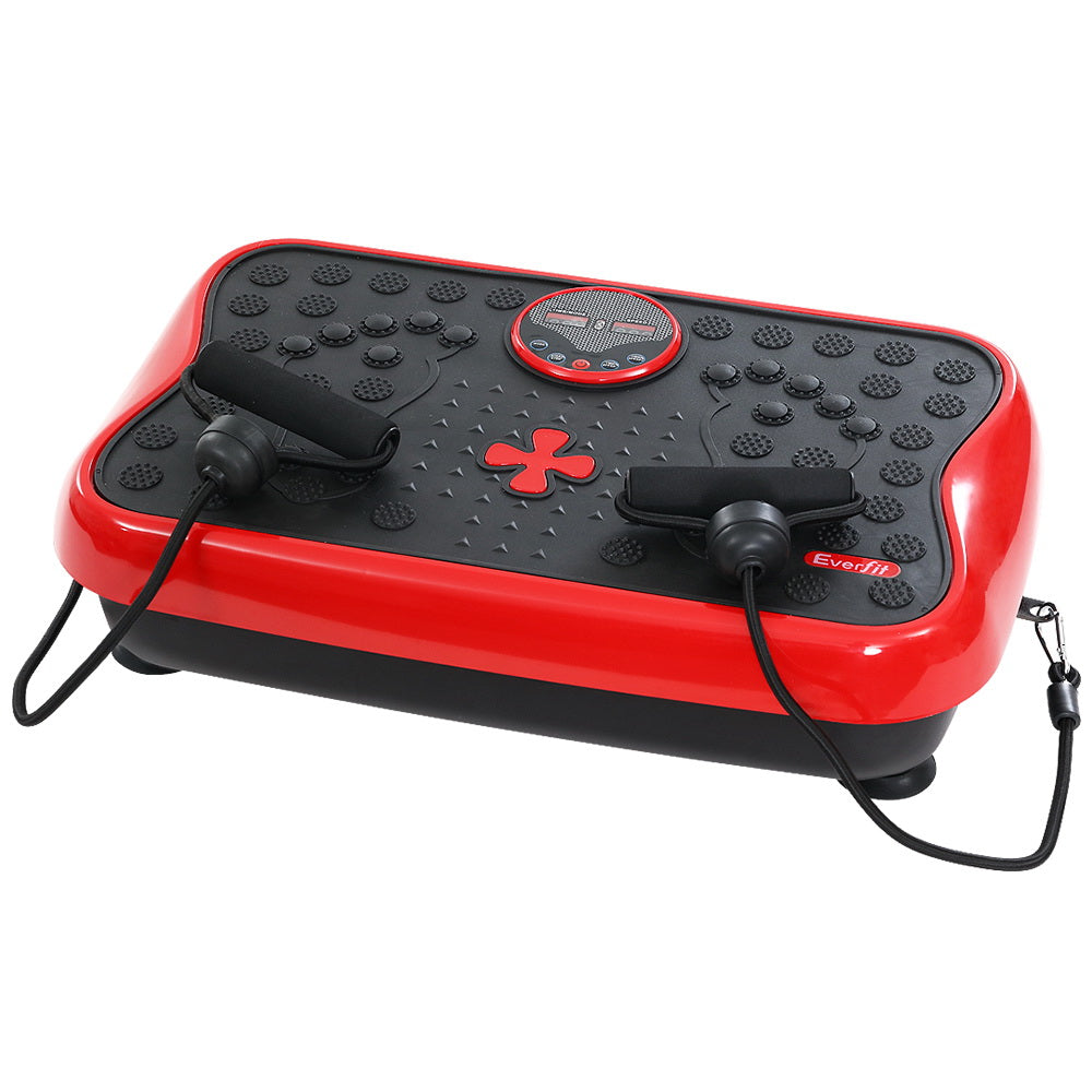 Everfit Vibration Machine in red color with digital controls and resistance bands, designed for effective home workouts.