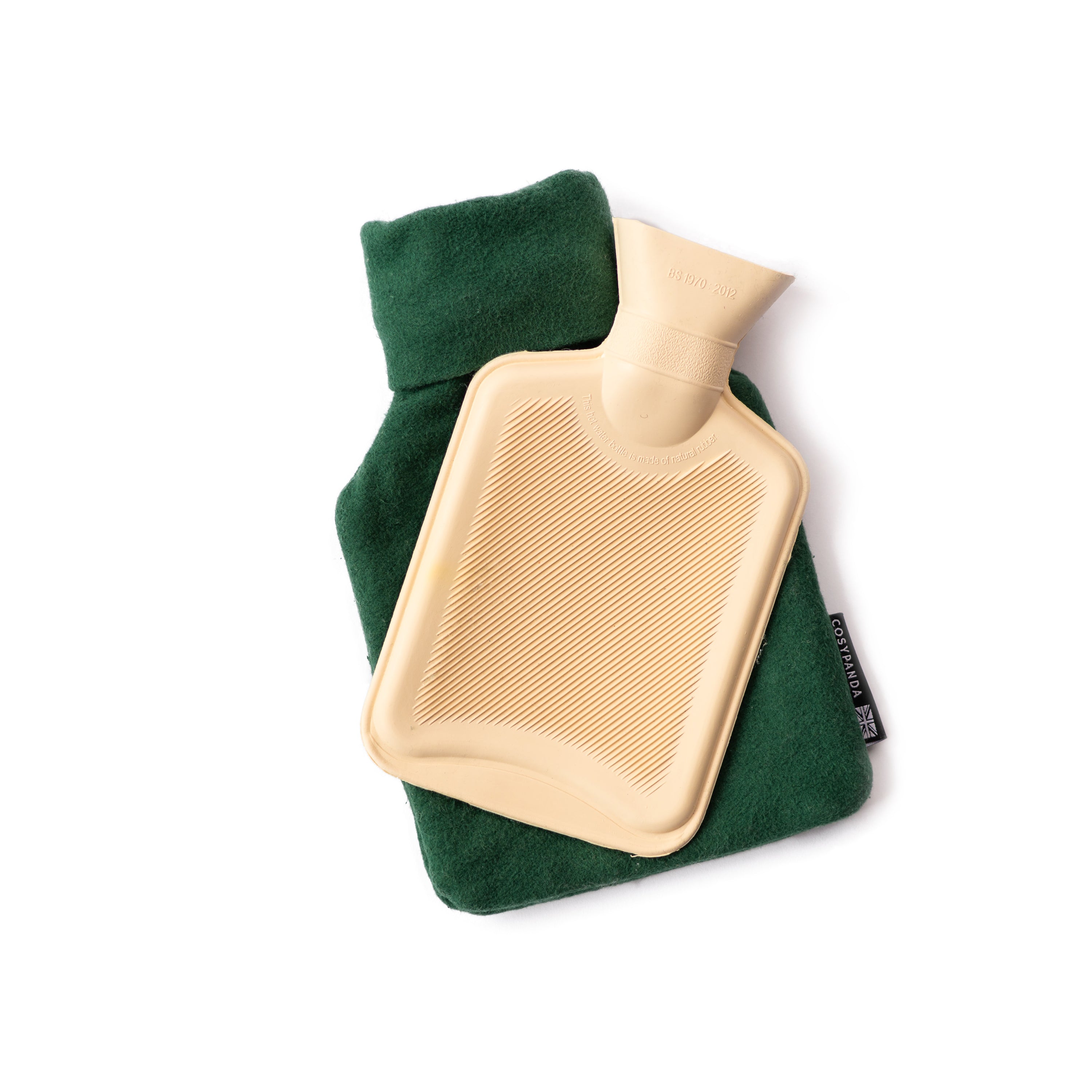 Evergreen Cotton 1L Hot Water Bottle with organic cotton cover, showcasing its handmade design and natural rubber bottle.