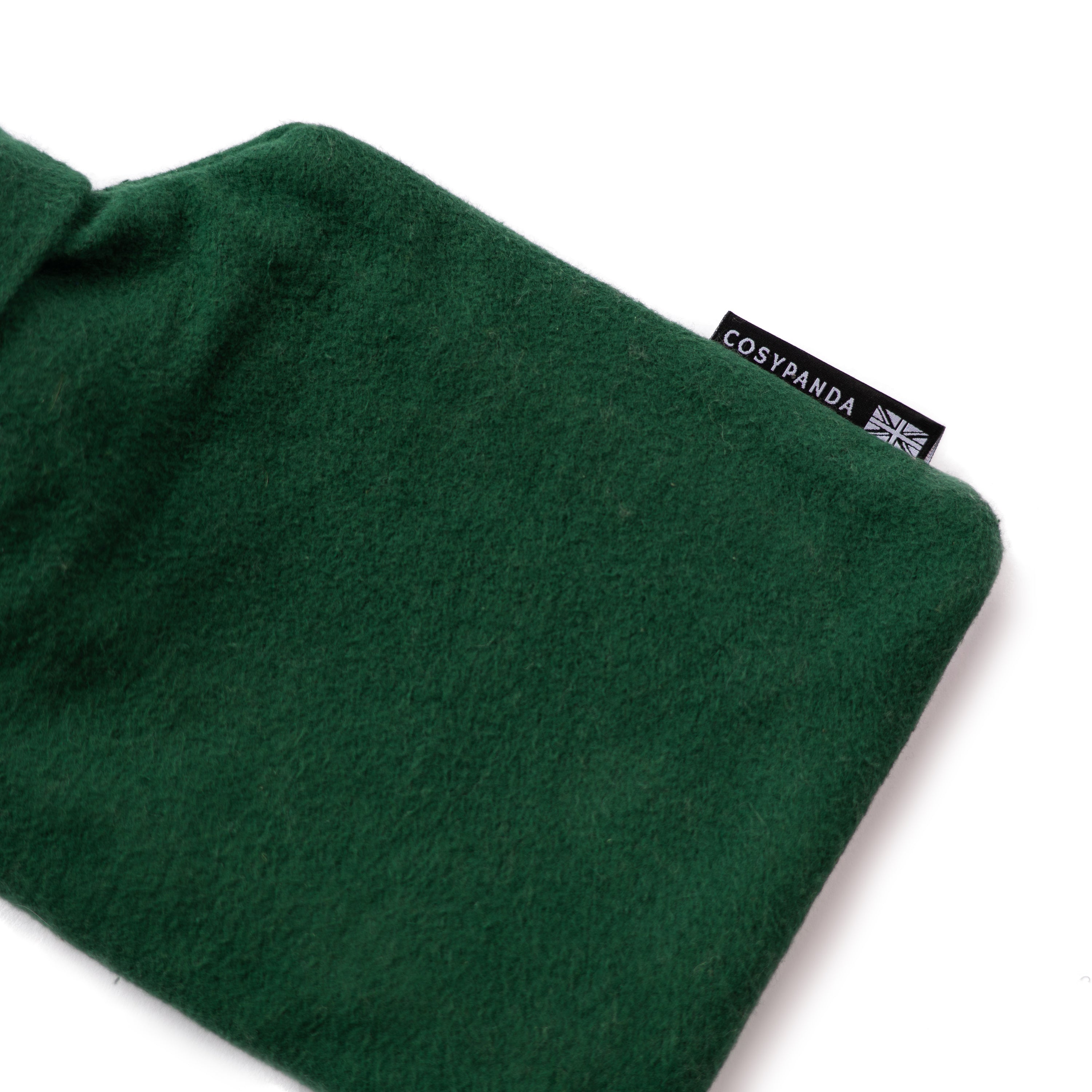 Evergreen Cotton 1L Hot Water Bottle with organic cotton cover, showcasing its handmade design and natural rubber bottle.