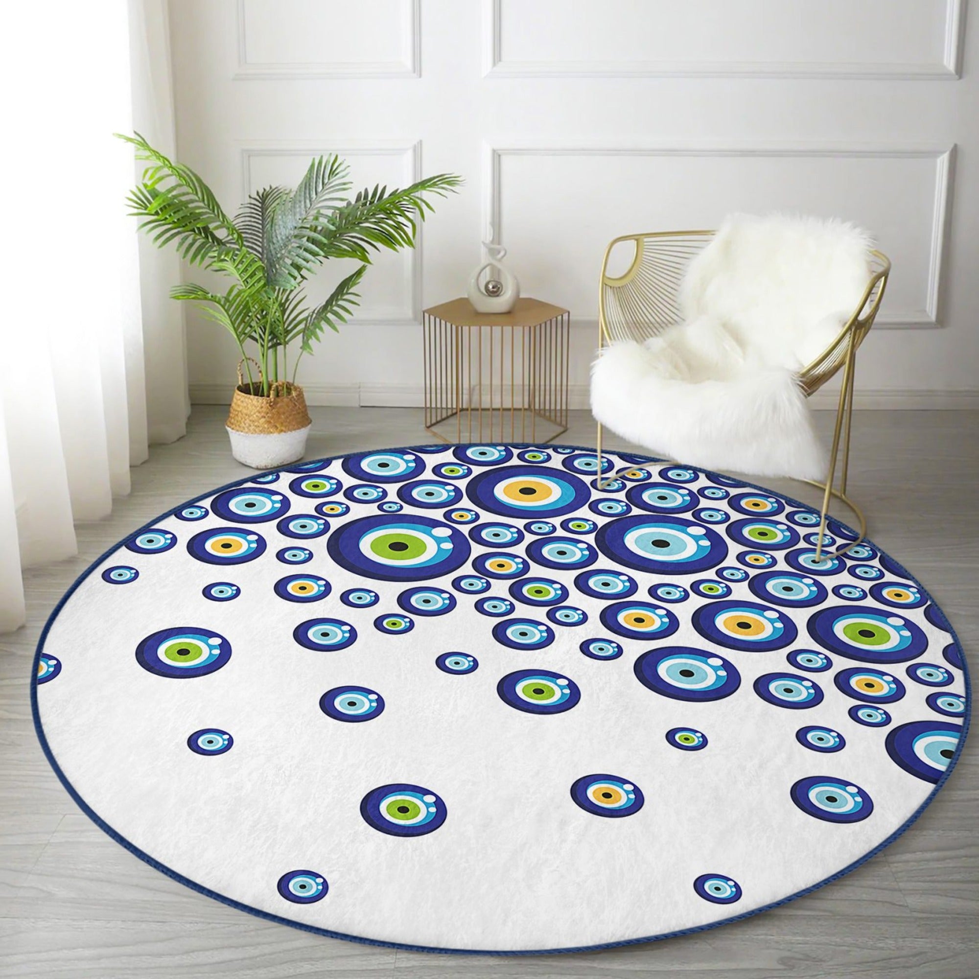 Evil Eye Patterned Round Rug featuring a vibrant evil eye design, made from soft velvet fabric, non-slip and available in multiple sizes.