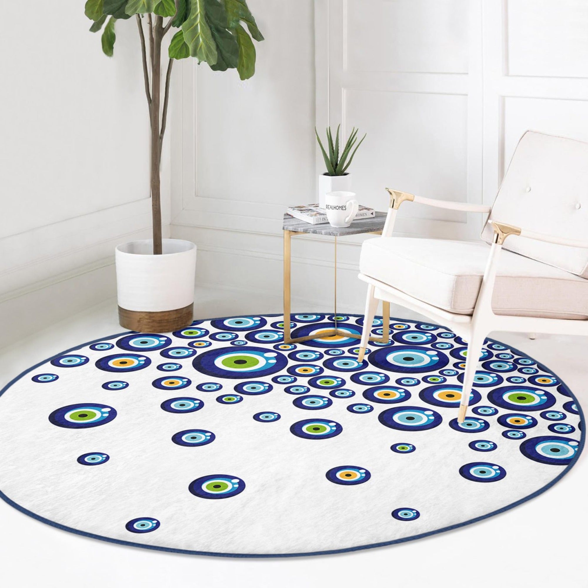 Evil Eye Patterned Round Rug featuring a vibrant evil eye design, made from soft velvet fabric, non-slip and available in multiple sizes.