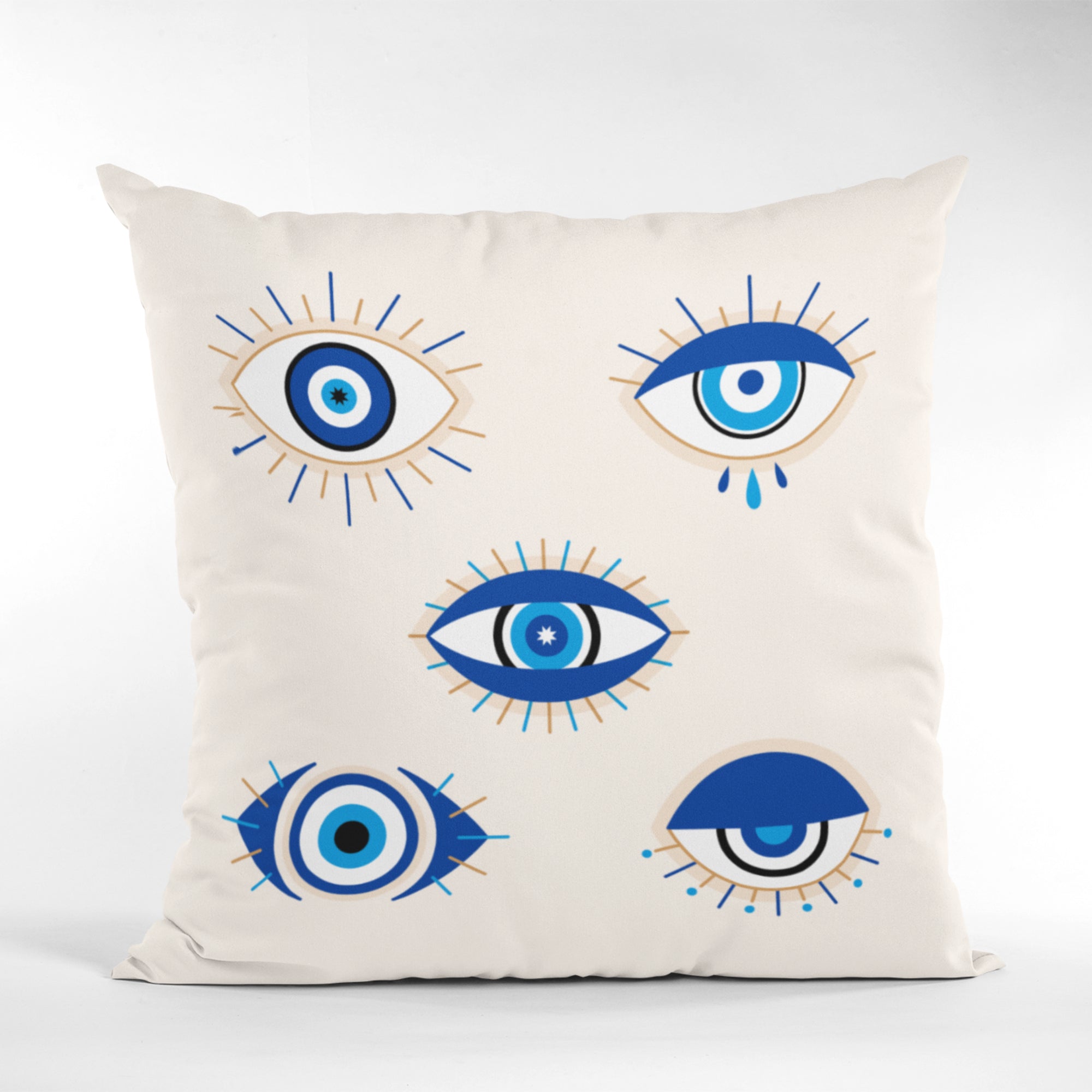 Evil Eye Pillow Cover featuring a vibrant evil eye pattern, perfect for sofa decoration, made from durable polyester and cotton blend.