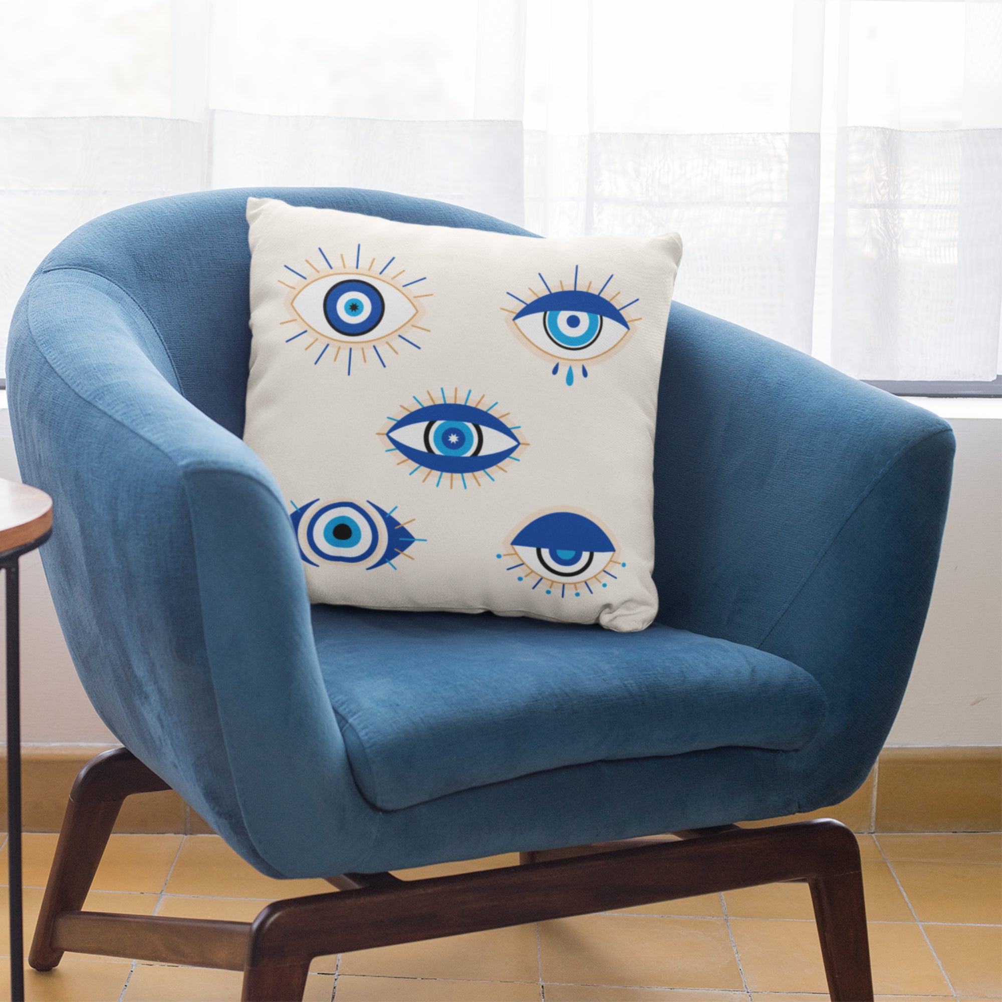Evil Eye Pillow Cover featuring a vibrant evil eye pattern, perfect for sofa decoration, made from durable polyester and cotton blend.