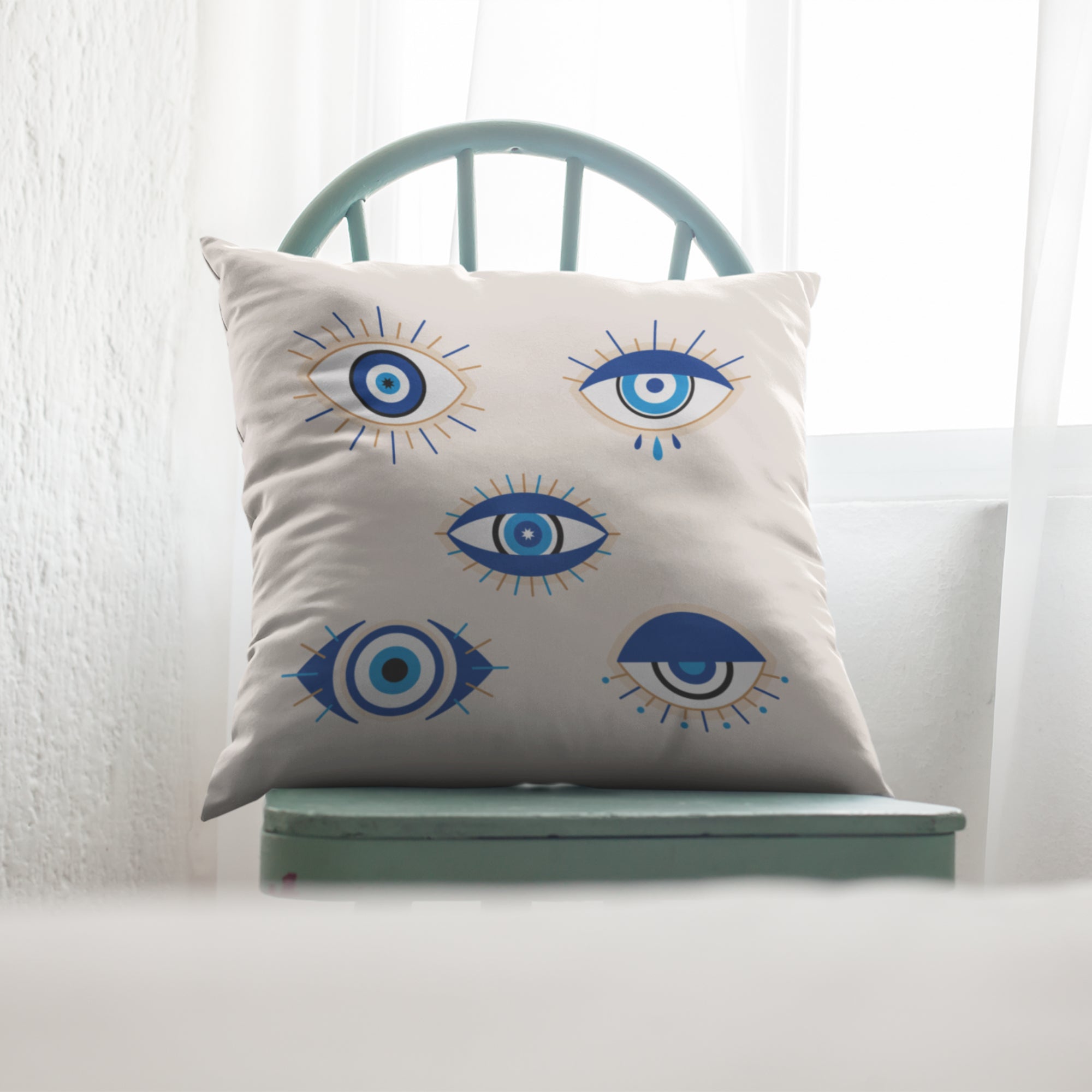 Evil Eye Pillow Cover featuring a vibrant evil eye pattern, perfect for sofa decoration, made from durable polyester and cotton blend.