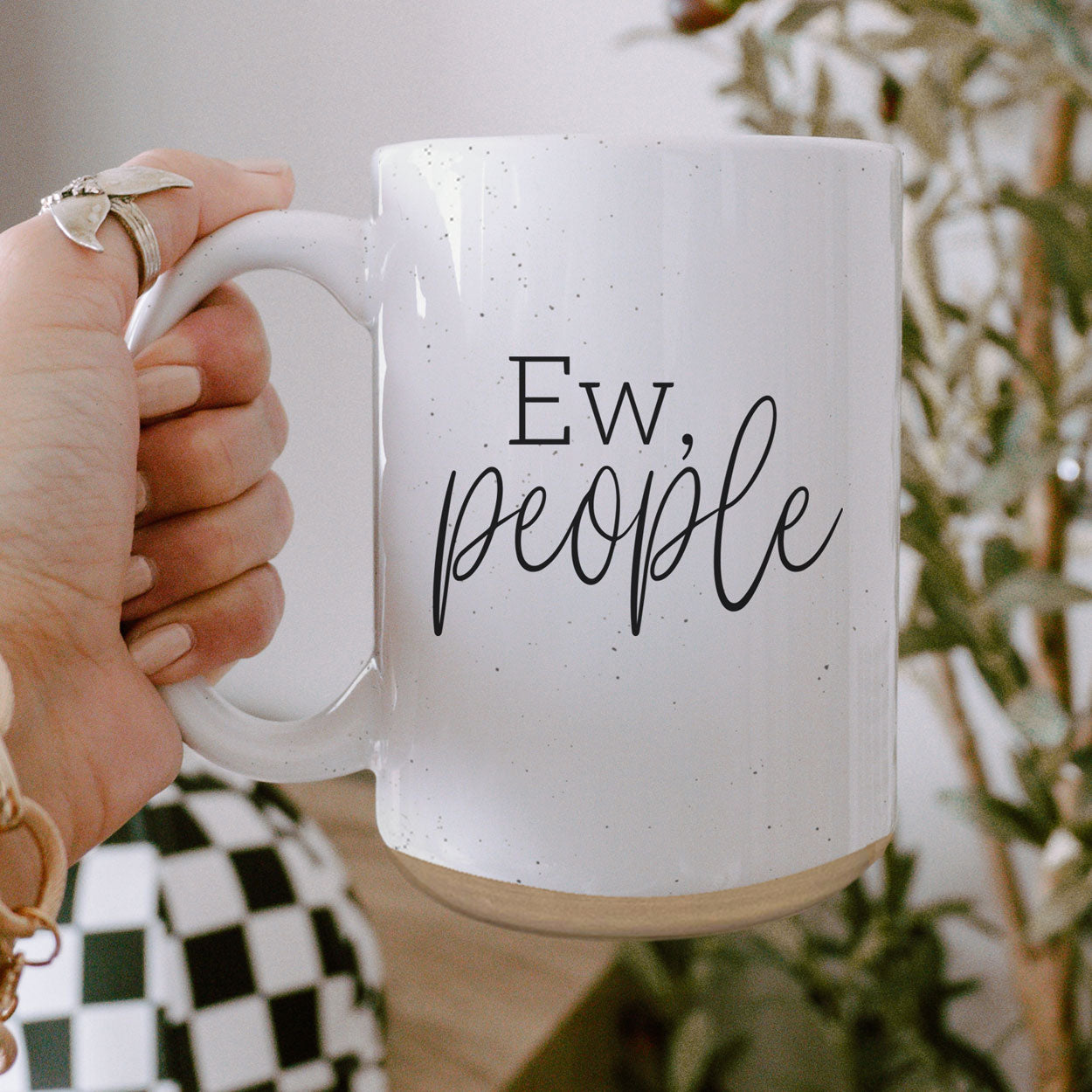 Ew People 16oz Ceramic Mug with dark speckles and bold graphic design, perfect for introverts.