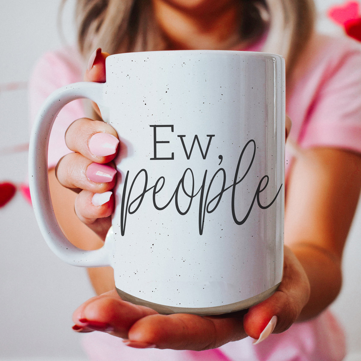 Ew People 16oz Ceramic Mug with dark speckles and bold graphic design, perfect for introverts.