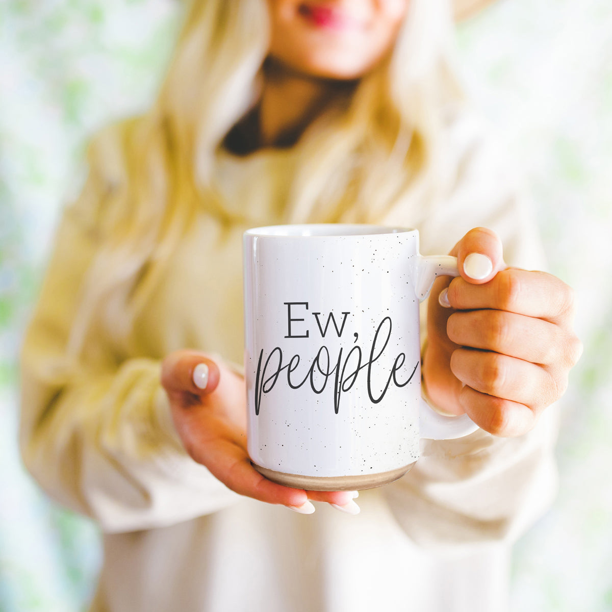 Ew People 16oz Ceramic Mug with dark speckles and bold graphic design, perfect for introverts.