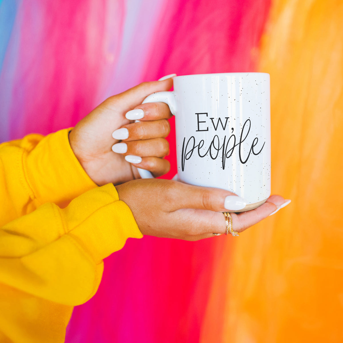 Ew People 16oz Ceramic Mug with dark speckles and bold graphic design, perfect for introverts.