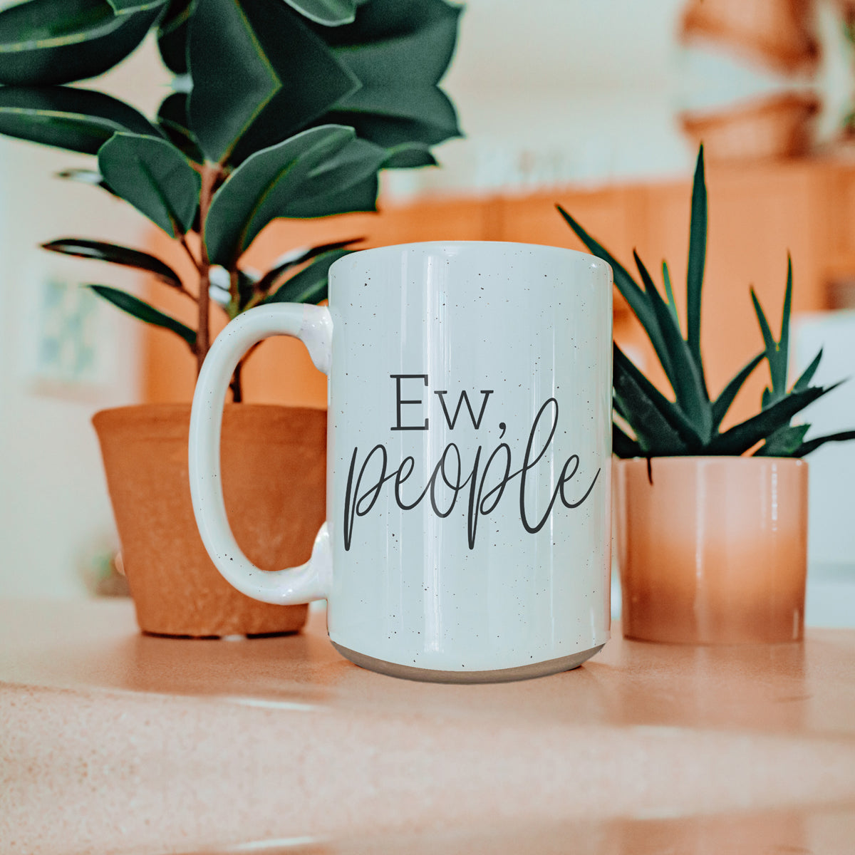 Ew People 16oz Ceramic Mug with dark speckles and bold graphic design, perfect for introverts.