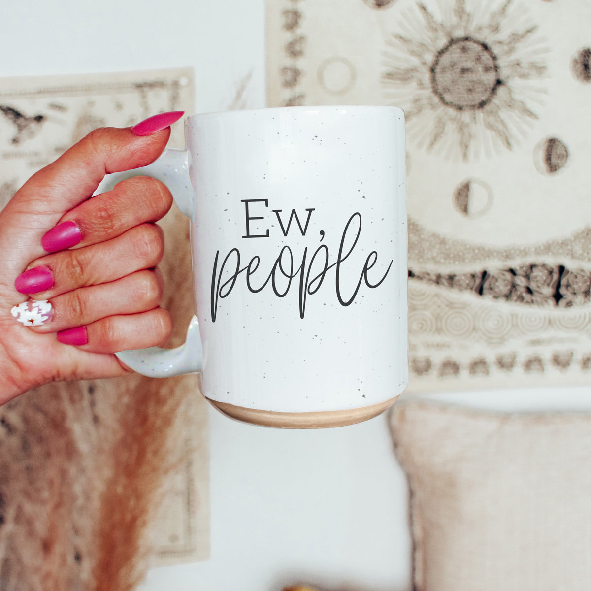 Ew People 16oz Ceramic Mug with dark speckles and bold graphic design, perfect for introverts.