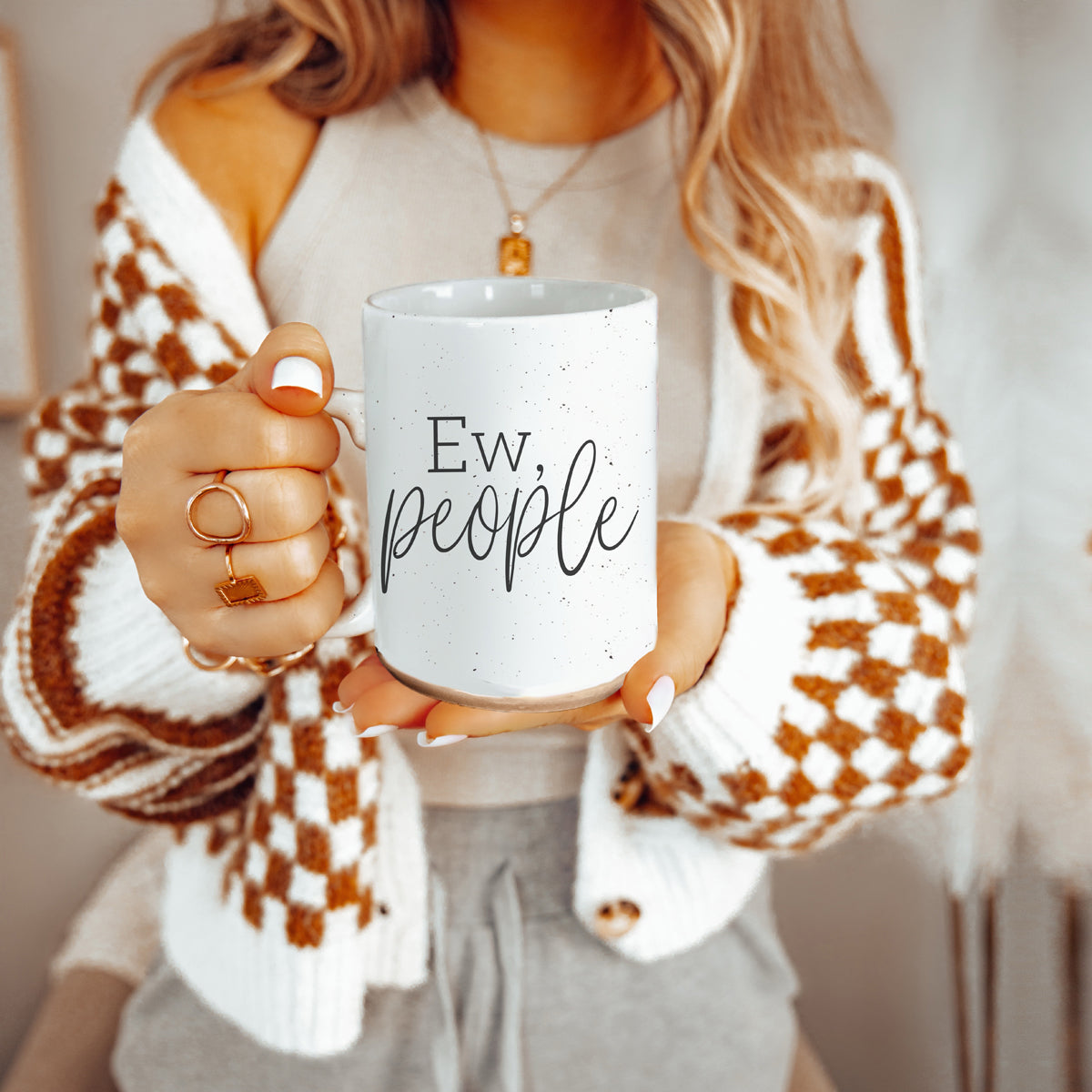 Ew People 16oz Ceramic Mug with dark speckles and bold graphic design, perfect for introverts.