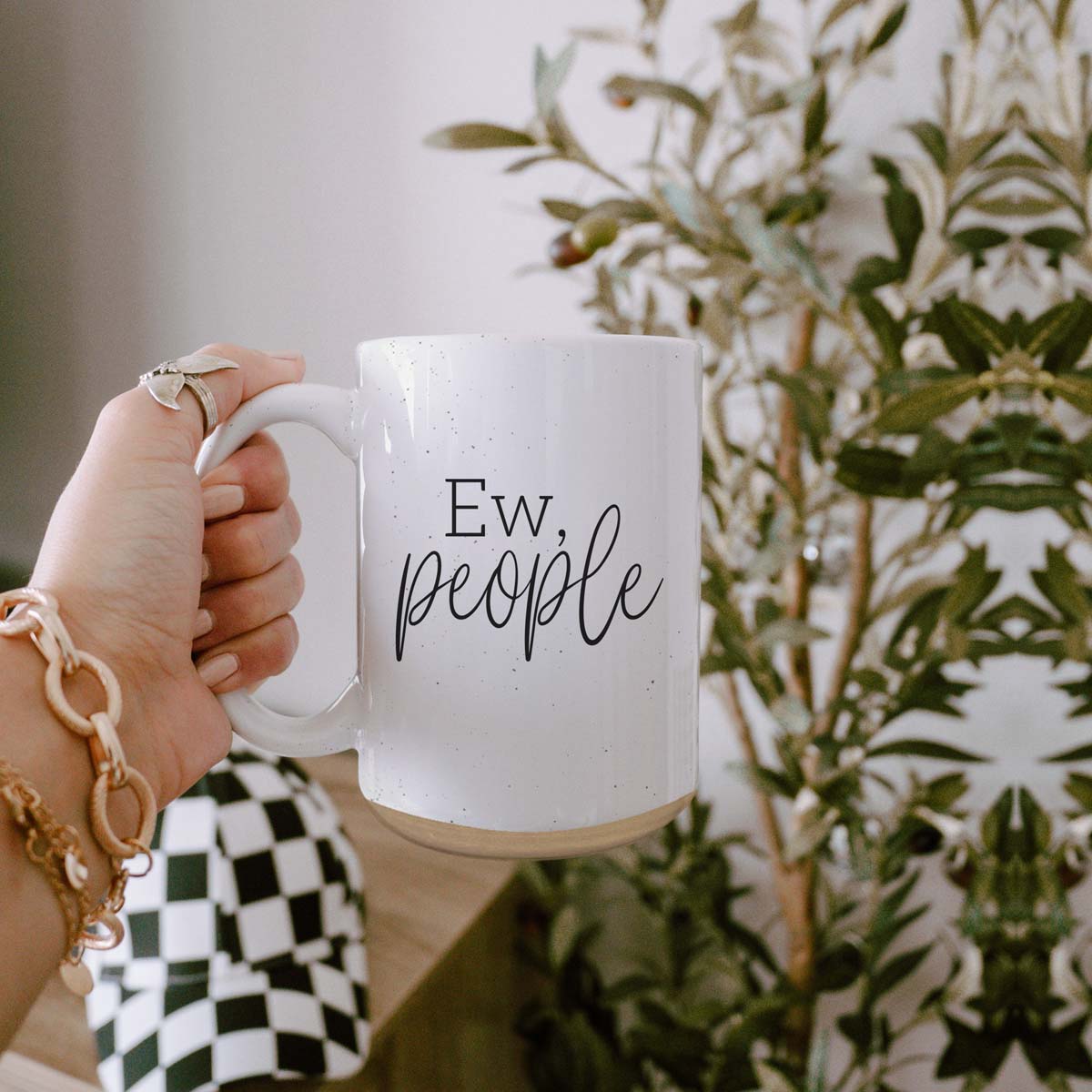 Ew People 16oz Ceramic Mug with dark speckles and bold graphic design, perfect for introverts.