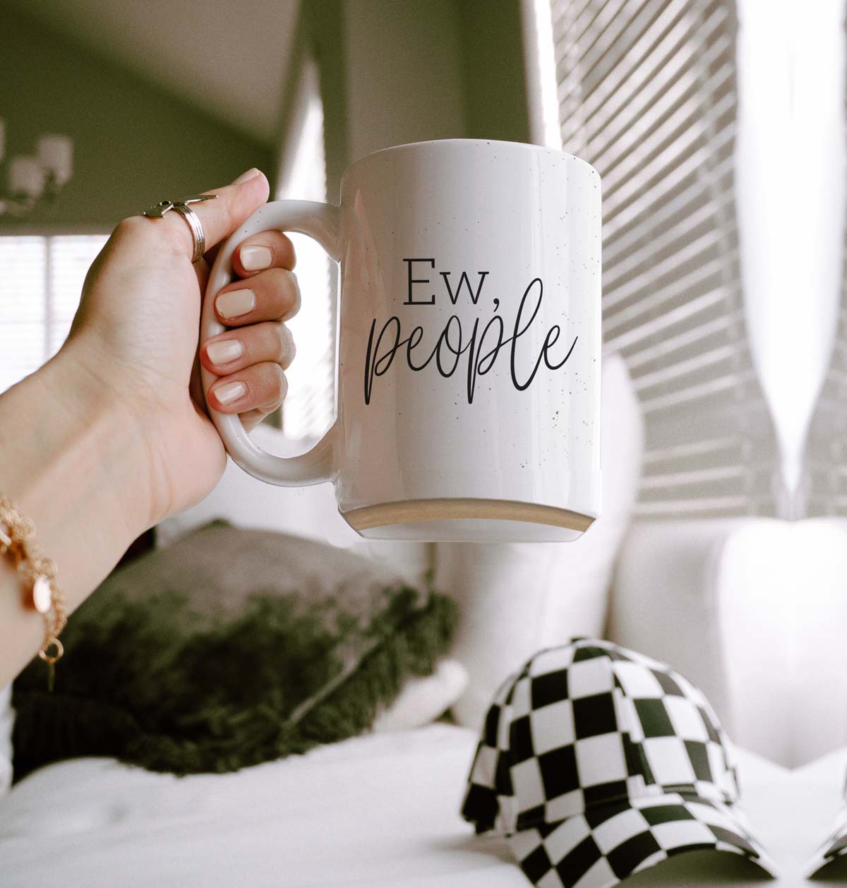 Ew People 16oz Ceramic Mug with dark speckles and bold graphic design, perfect for introverts.